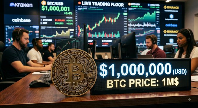 A crypto trading floor scene with multiple traders wearing headsets in front of screens, featuring a Bitcoin and a display showing 'BTC PRICE: 1M$' alongside '$1,000,000'.