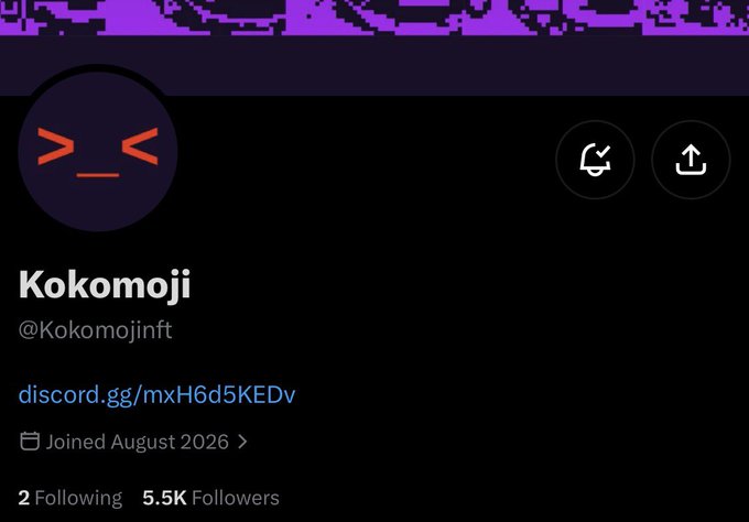 A Twitter/X profile for 'Kokomoji' (@Kokomojin) with a purple and black theme, showing the handle, a Discord link (discord.gg/mxH6d5KEDv), joined August 2026, and 5.5K followers.
