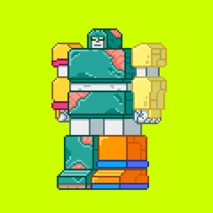 A retro pixel-art robot character in green, yellow, orange, and pink armor standing against a lime green background.