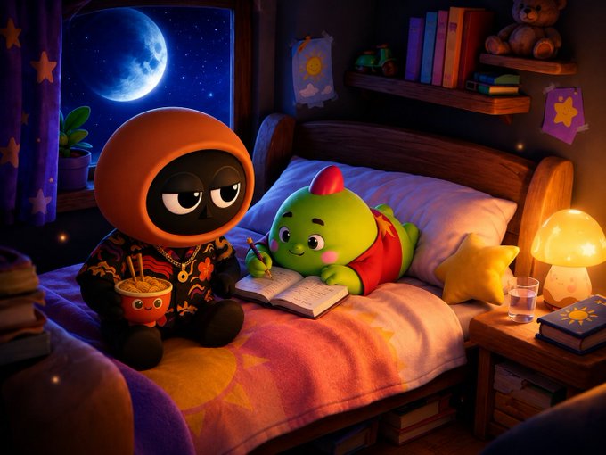 A Pixar-style illustration of a hooded black character eating noodles while a small green dinosaur-like creature writes in a notebook beside him on a bed at night.