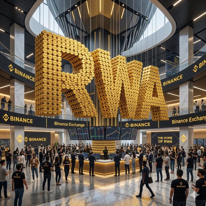 The image shows a large crowd of people standing around a display of gold coins that spell out "RWA" at the center, likely located inside a mall or building with multiple levels. The people are gathered closely together, observing the impressive coin arrangement. There is also a smartphone visible in the foreground on the left side of the image. The display and its surrounding area may be related to real-world assets, such as cryptocurrencies, which have seen tokenization become an increasingly popular trend among investors or traders due to their potential for diversification and increased accessibility compared to traditional assets like stocks and bonds.