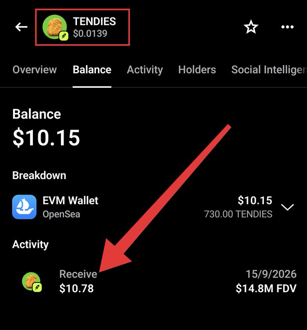 A screenshot of the OpenSea mobile app showing a "TENDIES" token balance of $10.15 (730 TENDIES at $0.0139 each), with a red arrow pointing to an unexpected "Receive" transaction of $10.78 dated 15/9/2026, illustrating the free TENDIES airdrop that landed in the user's EVM wallet for being an active OpenSea Mobile trader.
