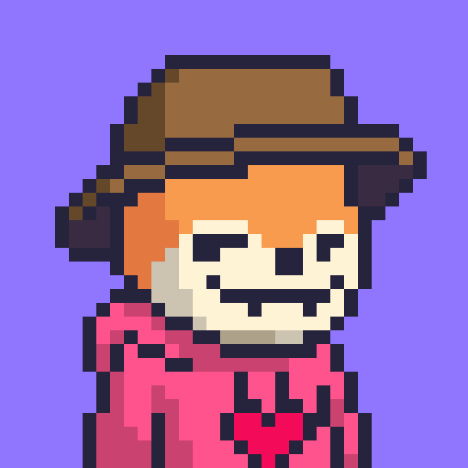 A pixel art illustration of a character wearing a brown hat and a red shirt, set against a solid purple background.