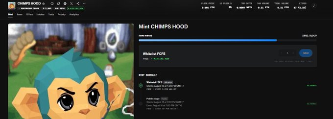 The image shows a webpage for the "CHIMPS HOOD" NFT collection on the Whitelist FCFS minting page, priced at 0.089 ETH, with a "Mint CHIMPS HOOD" header, a 3,885/8,000 mint count progress bar, and a low-poly monkey character illustration. The post celebrates the user's participation in minting from this collection, and the screenshot serves as proof of their engagement with the "Rumble Holes" mint queue on the Whitelist FCFS page.