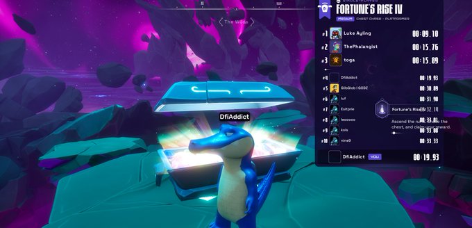 A screenshot from a video game showing a blue dragon character named "DFiAddict" at the top of a leaderboard for "FORTUNE'S RISE IV" with a time of 00:19.93.
