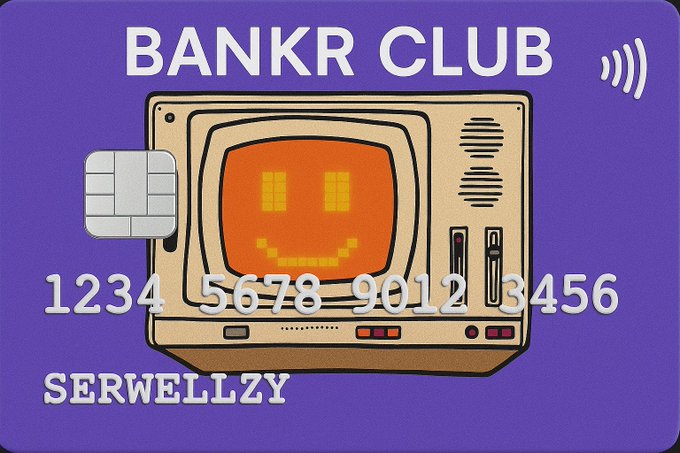 A purple credit card design featuring an illustration of a retro television displaying a smiley face, labeled 'BANKR CLUB' with the number '1234 5678 9012 3456' and the name 'SERWELLZY'.