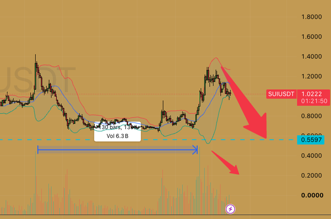 This is a candlestick chart of $SUI/USDT showing a price around 1.0222 with a 150-day decline from approximately 1.4 to 0.8, accompanied by a large red downward arrow indicating further bearish momentum toward the highlighted support level at 0.5597, which aligns with the caption's prediction that $SUI is heading lower to that next level.