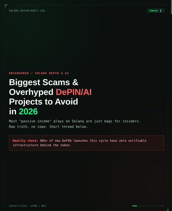 A dark-themed digital graphic with neon accents titled "Biggest Scams & Overhyped DePIN/AI Projects to Avoid in 2026," tagged "UNCENSORED / SOLANA DEPIN & AI" and labeled with the handle "@0MZCATJADEN — DYOR / NFA," matching the post's warning about passive-income DePIN plays on Solana being insider bags.