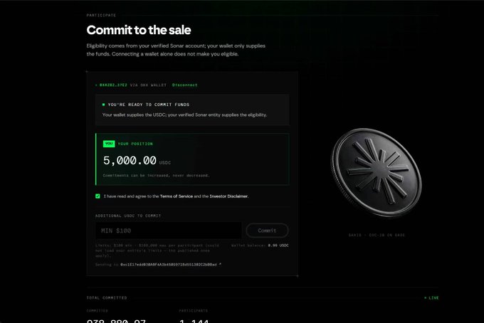 A digital interface shows a 'Commit to the sale' page for a crypto presale, indicating 'YOU'RE READY TO COMMIT FUNDS' with an 'EQUITY POSITION' of '5,000.00 USDC' and a minimum of $100.