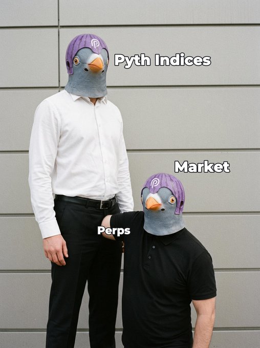 A meme image showing two people in business attire with pigeon heads, labeled 'Pyth Indices' (tall figure) and 'Market' (shorter figure touching the other), with the shorter one labeled 'Perps'.