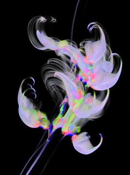 An abstract digital artwork featuring swirling, ethereal smoke-like shapes in white, green, pink, and purple tones against a black background.