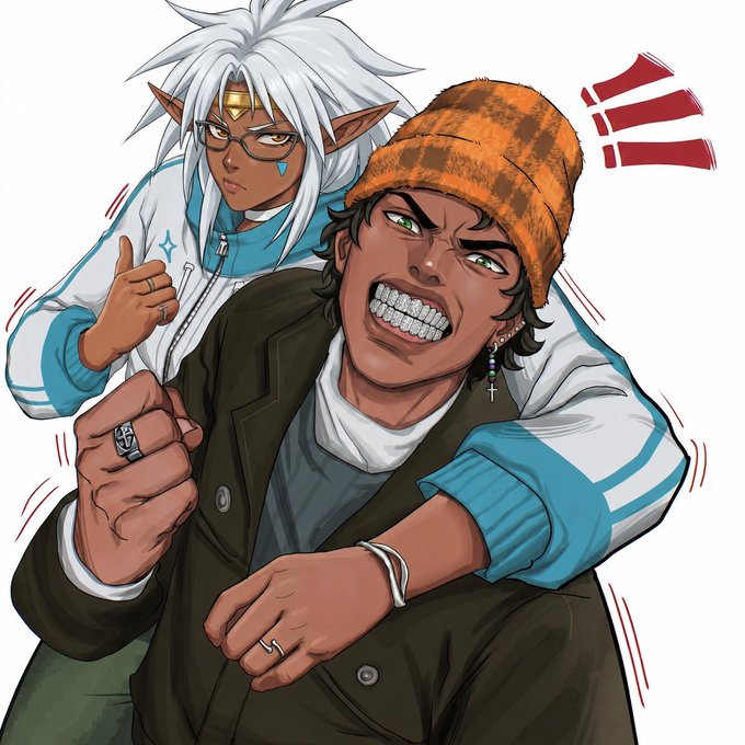Anime-style illustration of two characters — a white-haired elf-like figure with glasses giving a thumbs-up, and a brown-skinned character in an orange beanie grinning with grills.
