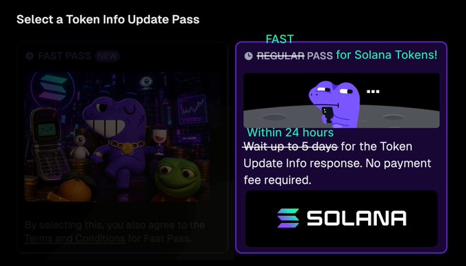 A "Select a Token Info Update Pass" screen displays two options: a "FAST PASS" (new, with terms agreement) and a "REGULAR PASS for Solana Tokens" offering updates within 24 hours with no payment fee, branded with the SOLANA logo. The image visually supports the post's message about the limited-time Solana Fast Pass Token Update campaign, encouraging submissions through the provided link.