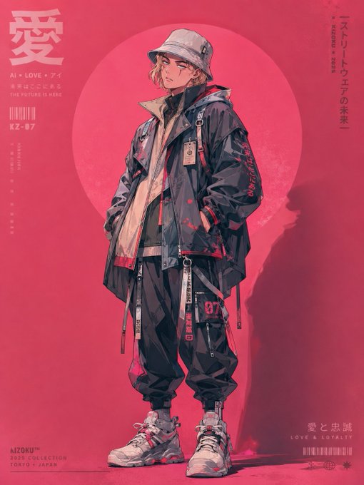 A stylized anime illustration of a character in a bucket hat, dark jacket, and cargo pants against a red background with Japanese text and 'AI = LOVE' branding.