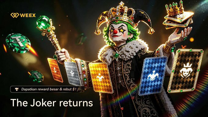 A promotional WEEX banner featuring a regal Joker character holding a scepter, gold bars, and trading cards, with the text "The Joker returns" and "Dapatkan reward besar & rebut $1M," advertising a $1,000,000 prize pool event tied to the recurring "The Joker" trading campaign.