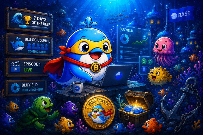 A vibrant underwater-themed graphic features an animated blue bird mascot in a yellow superhero mask working on a laptop, surrounded by tropical fish, a treasure chest, and promotional panels for 'BluYield,' 'Episode 1 Live,' and '7 Days of the Reef' with the Base logo.