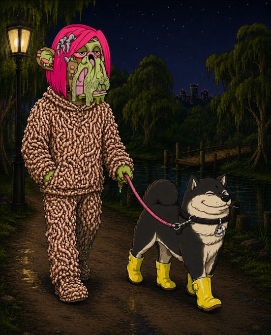 An illustration of a melting green zombie-like figure with pink hair in a fuzzy brown outfit walking a black and white Shiba Inu wearing yellow rain boots at night.