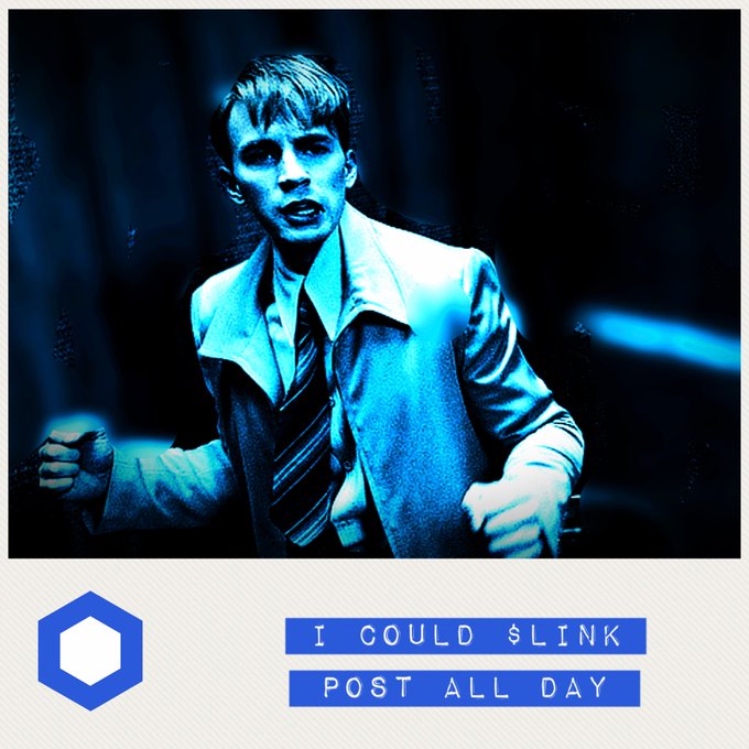 A blue-tinted image of a young man in a jacket and striped tie, paired with a crypto-style icon and the text 'I COULD $LINK POST ALL DAY'.