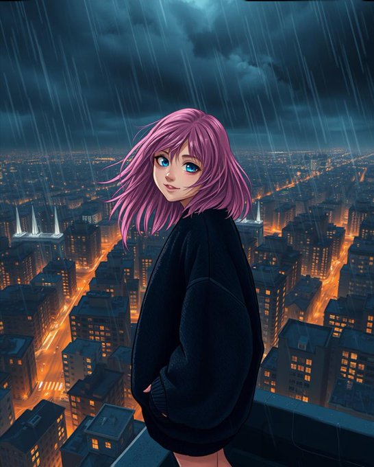 An anime-style illustration of a pink-haired girl in a black sweater stands on a rooftop overlooking a rain-soaked city at night.