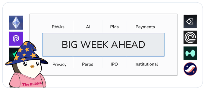 The image features a cartoon penguin wearing a hat, standing next to a white banner with black text that says "Big Week Ahead". The penguin appears to be looking at the viewer, as if posing for a photo or drawing attention to itself. The background of the image is gray, providing a neutral backdrop that allows the colorful elements in the scene to stand out.