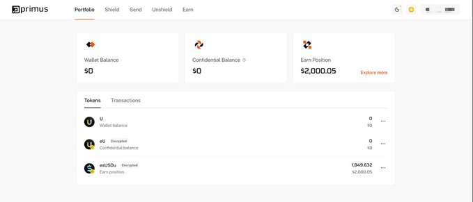 A Primus Portfolio dashboard displays a Wallet Balance of $0 and Confidential Balance of $0, alongside an Earn Position of $2,000.05, with token holdings including uUSDe ($849.632) tied to privacy-focused features. The image illustrates the post's point about on-chain transparency risks, highlighting how Primus's confidential balance feature is designed to shield large capital deployments from public tracking and front-running bots.
