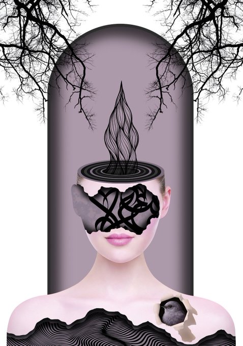 Surreal digital artwork depicting a woman with a dark, twisted opening where her eyes should be, a swirl on top of her head where hair would be, and bare tree branches in the background.