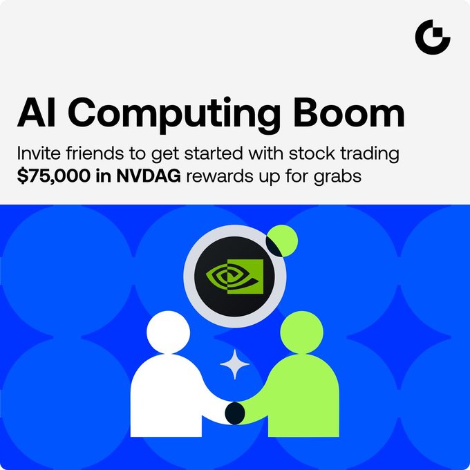 The image shows a promotional graphic for "AI Computing Boom," featuring two stylized figures (one white, one green) shaking hands beneath an NVIDIA eye logo on a blue background. It advertises a referral campaign offering "$75,000 in NVDAG rewards" for inviting friends to start stock trading, visually reinforcing the post's call to join the trading referral program and earn NVDAG prizes.