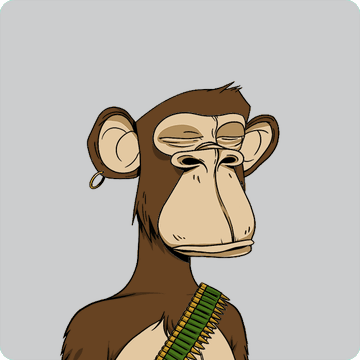 The image features a cartoon monkey with brown fur, wearing a green strap around its neck that has an assortment of weapons attached to it. The monkey appears to be holding a gun or a similar weapon while standing against a gray background. The caption below the image reads "Ape #7154 Bought for 0.4 WETH + Ape #8356 ...", which suggests that this is likely a post about an item being sold on eBay.