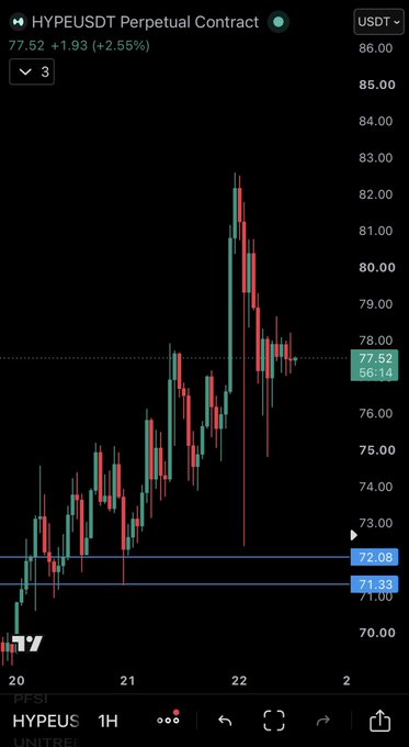 A candlestick chart of the HYPEUSDT Perpetual Contract shows a sharp rally peaking near $83 before pulling back, with visible buy orders stacked at $72.08 and $71.33, illustrating the stop-out and bid fill referenced in the caption about illiquid degen books.
