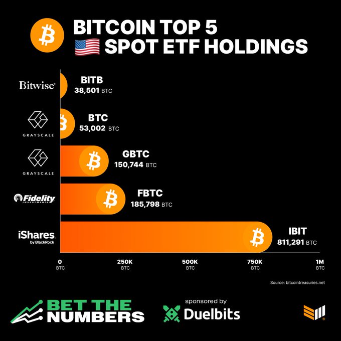 ibrt chart comparing spot etf holdings of Bitcoin and Ripple, with Bitcoin's top 5 holding amounts in orange and Ripple's top 5 in green.