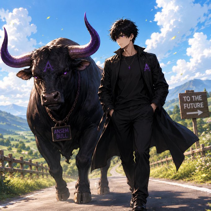 An anime-style illustration of a dark-haired man in black clothing walking down a rural road beside a massive black bull with purple horns and an 'A' on its forehead; the bull wears a tag reading 'ANSEM BULL'.