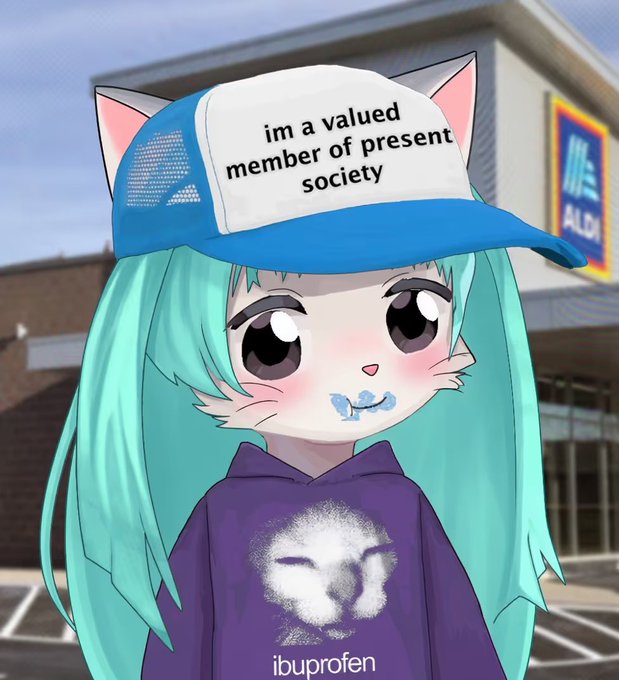 An anime-style character with teal pigtails, cat ears, and blue cream smeared around their mouth stands in front of an ALDI store, wearing a blue trucker hat reading 'im a valued member of present society' and a purple hoodie with 'ibuprofen' and a fuzzy face graphic.