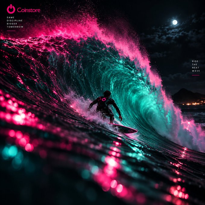 A surreal promotional image for "Coinstore" featuring a surfer riding a neon pink and teal wave at night with the text "RIDE THE NEXT WAVE" and "SAME DISCIPLINE BIGGER NEXT TOMORROW".