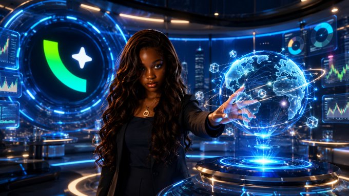 A woman with long dark hair stands in a futuristic, neon-lit control room, extending her hand toward a glowing holographic globe surrounded by floating data cubes and screens, with a green phone/call icon visible in the background. The high-tech, forward-looking visual mirrors the post's theme of innovation and progress, symbolizing VizoExchange's pioneering integration with Pharos Network to build a faster, more scalable prediction market.