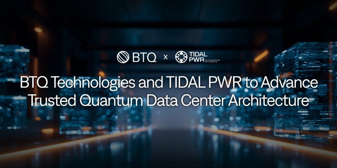 A promotional graphic featuring the logos of BTQ and TIDAL PWR with the headline "BTQ Technologies and TIDAL PWR to Advance Trusted Quantum Data Center Architecture," set against a dark, futuristic server room backdrop, visually representing their partnership to address the deployment and trust challenges of quantum technology.