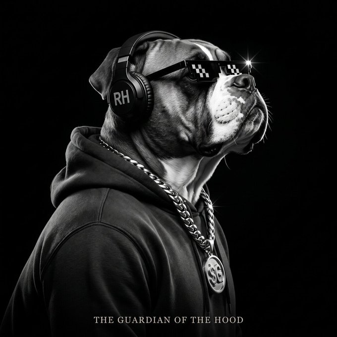 A black and white image shows a stoic dog wearing pixelated sunglasses, headphones labeled "RH," a chain with a dollar-sign medallion, and a hoodie, with the caption "THE GUARDIAN OF THE HOOD" below—portraying an anthropomorphized, hip-hop styled guardian figure that ties into the post's mention of "$GOOD" as a favorite Robinhood pick.