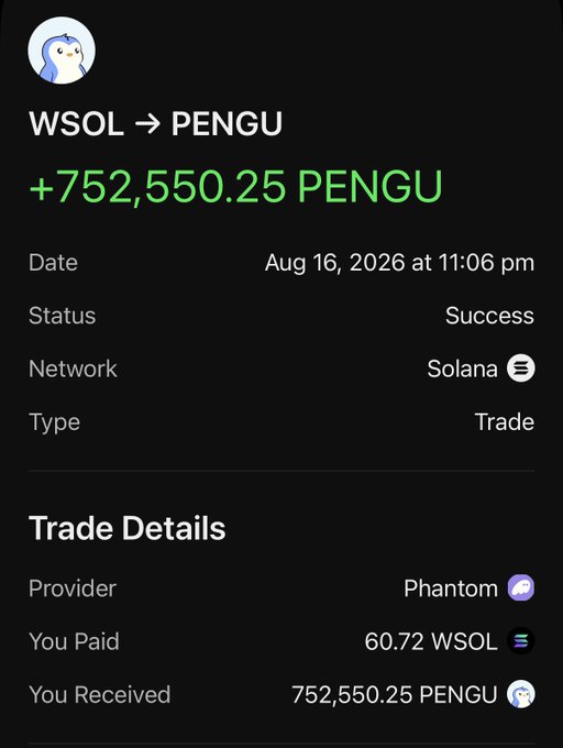 A Phantom wallet trade details receipt showing a successful swap of 60.72 WSOL to 752,550.25 PENGU on August 16, 2026, on the Solana network.