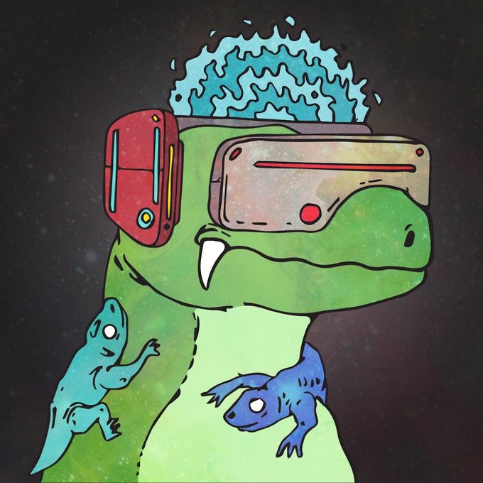 A cartoon green dinosaur with blue flame-like hair wears a VR headset, accompanied by two small mini dinosaurs (one teal, one blue) climbing on it, set against a cosmic starry background—matching the post's excitement about picking up cute mini NFTs from the @OrbisOnSOL collection.