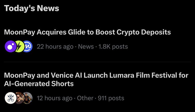 This image displays "Today's News" featuring two articles about MoonPay: one detailing their acquisition of Glide and another about their partnership with Venice AI for a film festival.