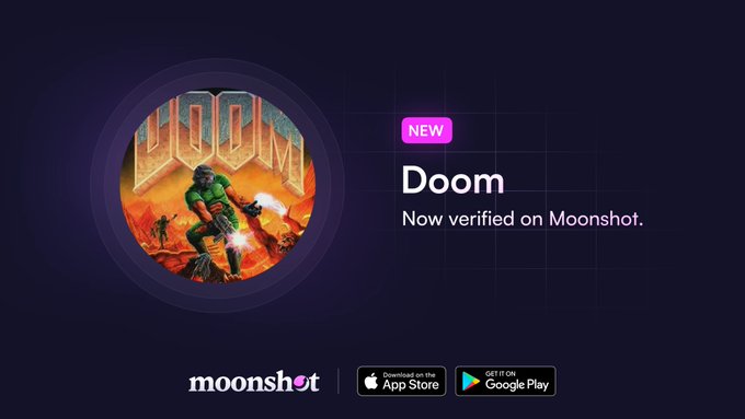 Promotional banner for "Doom" displaying the game's iconic logo with an armored character against a fiery background, marked with a "NEW" badge and the tagline "Now verified on Moonshot," alongside App Store and Google Play download buttons.