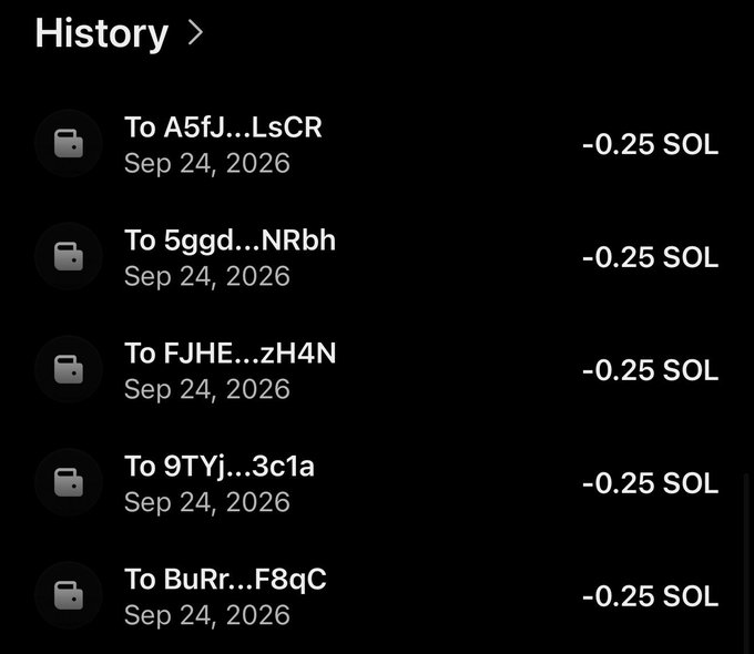 A dark-mode wallet transaction history displays five outgoing transfers of -0.25 SOL each on September 24, 2026, sent to truncated addresses (A5fJ...LsCR, 5ggd...NRbh, FJHE...zH4N, 9TYj...3c1a, BuRr...F8qC), supporting the poster's claim of distributing money to multiple recipients.