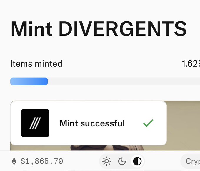 A screenshot showing a successful NFT mint transaction titled 'Mint DIVERGENTS' with 'Mint successful' confirmation and an Ethereum value of $1,865.70.