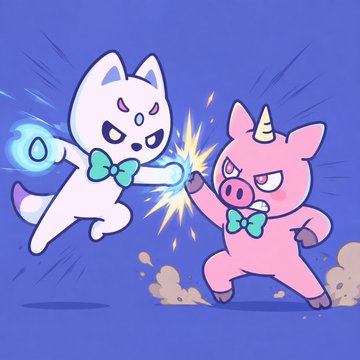 A cartoon illustration shows a white cat-like character with a bow tie shooting a blue energy blast at a pink unicorn-pig character on a purple background.