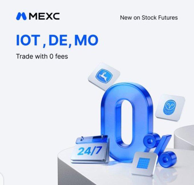 A promotional graphic for MEXC exchange advertising Stock Futures with '0% fees' for IOT, DE, MO, featuring a blue 3D '0%' graphic and a '24/7' calendar icon.