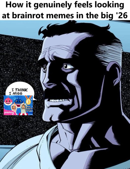 A comic-style meme captioned 'How it genuinely feels looking at brainrot memes in the big '26' showing a man looking at a small inset of Pinkfong and Baby Shark memes.