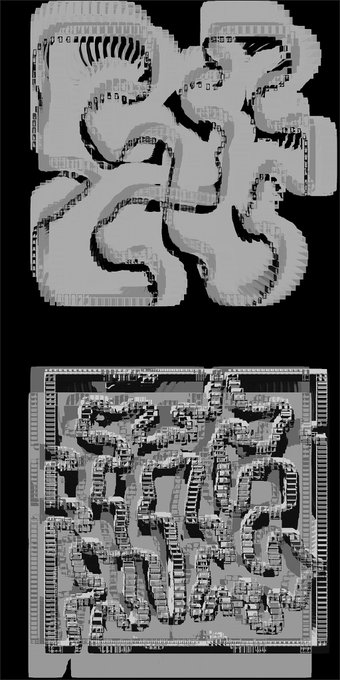 Two grayscale abstract images: the top shows tangled, rope-like patterns, and the bottom displays a complex, maze-like 3D structure on a square platform.