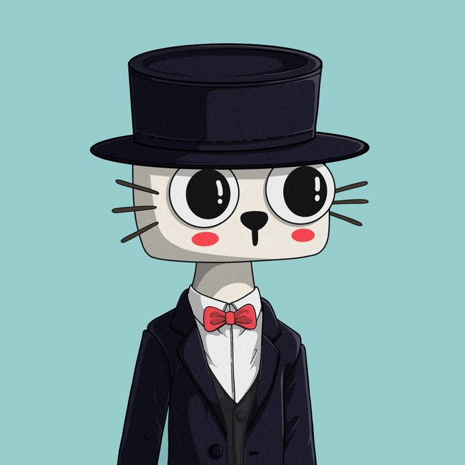 A cartoon cat character wearing a black top hat, suit, and red bow tie poses as a new profile picture, matching the post's "New pfp who dis" introduction for the user @vutnerable with the $CETS token reference.