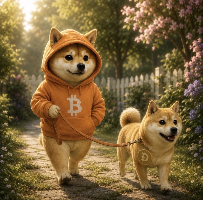 The image features a dog wearing an orange hoodie, walking down a path with another dog on a leash. Both dogs are dressed up for a photoshoot or event, possibly related to Bitcoin or cryptocurrency. The caption of the image reads "Drop the E $DOG". This phrase is likely a reference to the popular meme involving a dog wearing a Bitcoin-themed hoodie and walking away from it with an E tag on its ear.