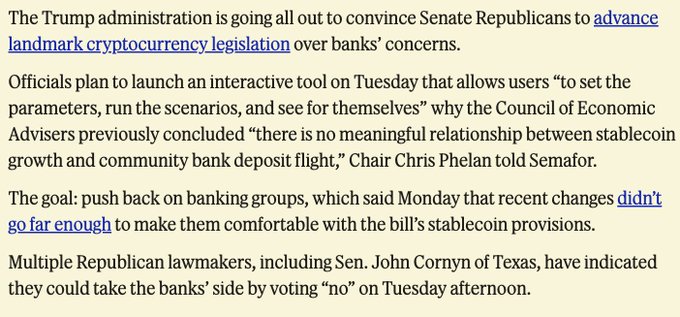 A news article excerpt about the Trump administration pushing landmark cryptocurrency legislation to address banks' concerns regarding stablecoins, mentioning Chair Chris Phelan and Senator John Cornyn of Texas.