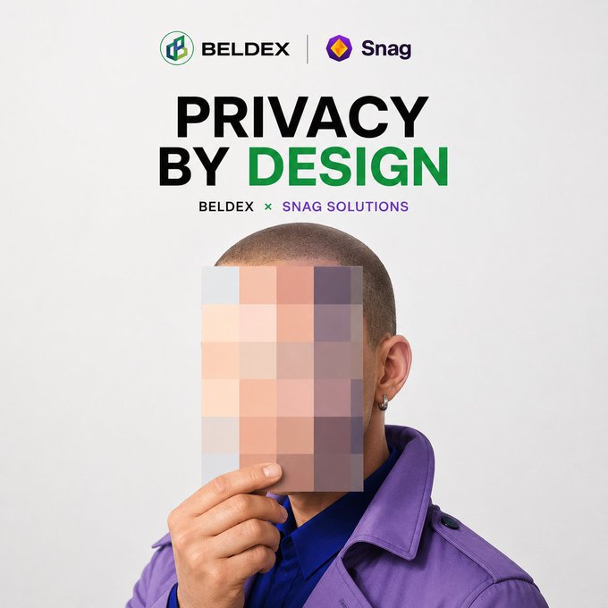 A promotional image for 'BELDEX x SNAG SOLUTIONS' with the headline 'PRIVACY BY DESIGN' above a person whose face is obscured by a pixelated image.